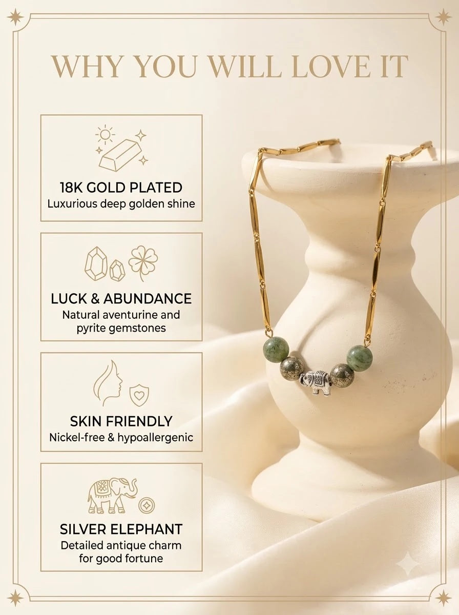 Fortuna Gaian Chain features: 24k gold plated, luck and abundance stones, silver elephant charm