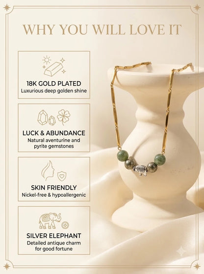 Fortuna Gaian Chain features: 24k gold plated, luck and abundance stones, silver elephant charm