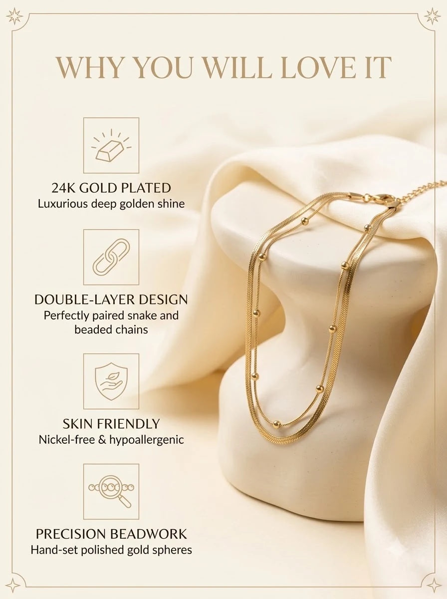 Althea Dual Bracelet features: 24k gold plated, double-layer design, skin friendly, precision beadwork