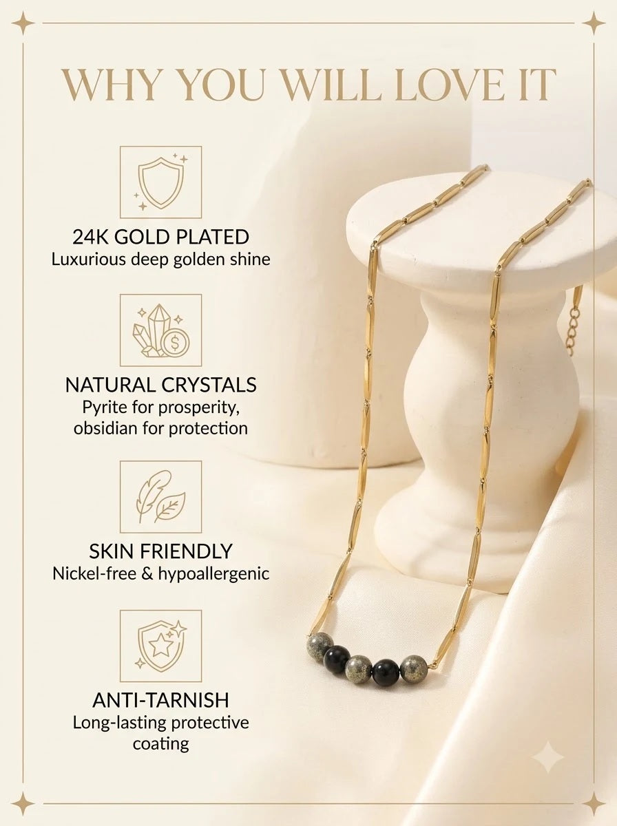 Koros Crystal Chain features: 24k gold plated, natural pyrite and obsidian, skin friendly, anti-tarnish