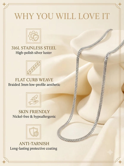 Valens Silver Chain features: 316L stainless steel, flat curb weave, skin friendly, anti-tarnish