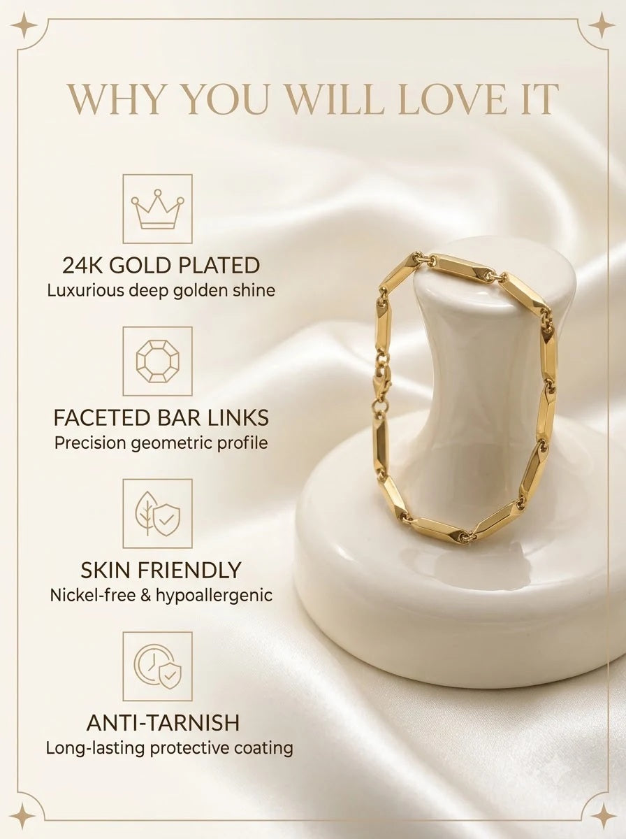Vandara Bar Bracelet features: 24k gold plated, faceted bar links, skin friendly, anti-tarnish