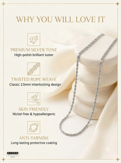 Lucent Rope Chain features: premium silver tone, twisted rope weave, skin friendly, anti-tarnish