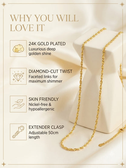 Solis Twist Chain features: 24k gold plated, diamond-cut twist, skin friendly, extender clasp