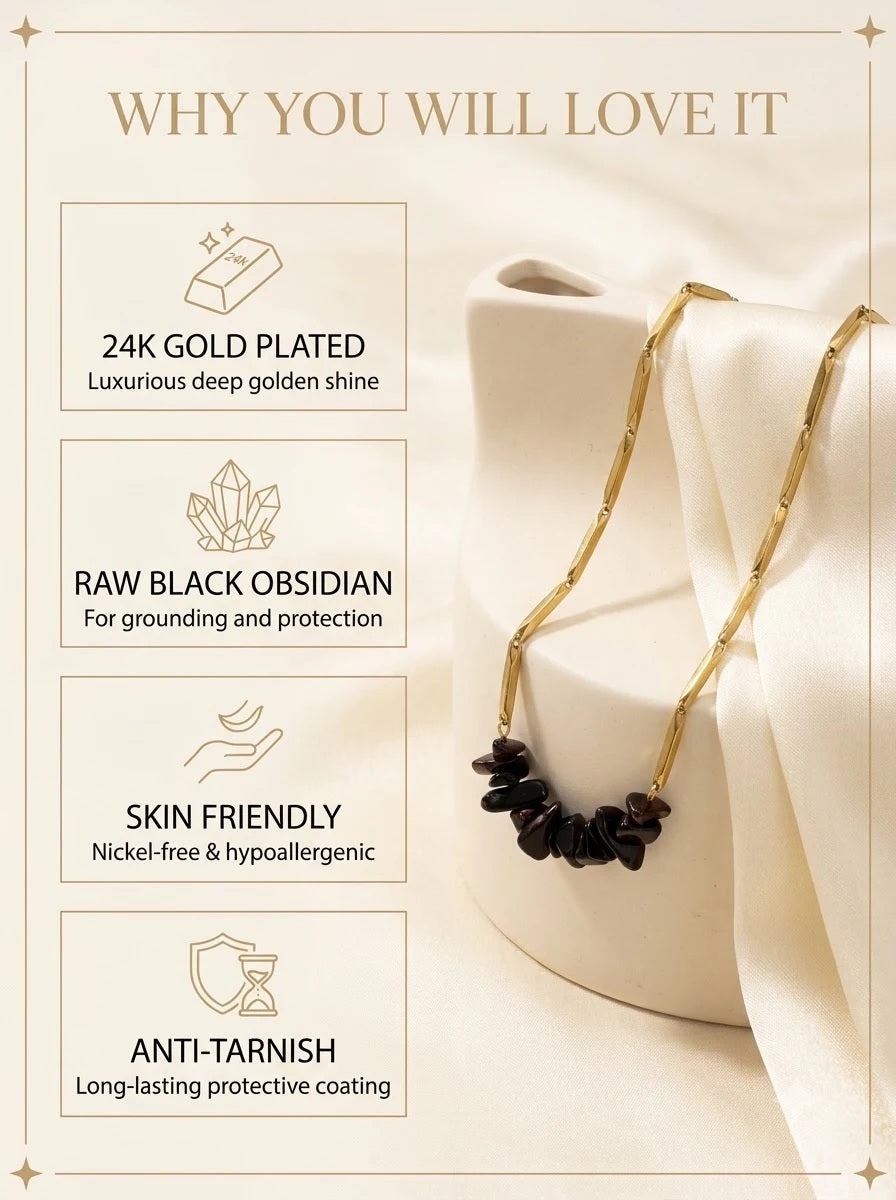 Vantis Grounding Chain features: 24k gold plated, raw black obsidian, skin friendly, anti-tarnish