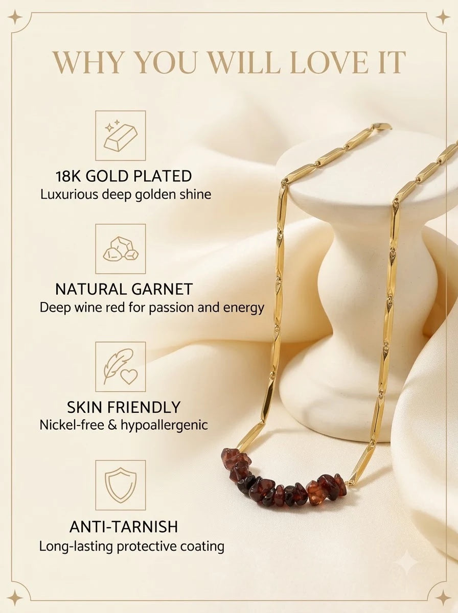 Ruboris Passion Chain features: gold plated, natural garnet, skin friendly, anti-tarnish