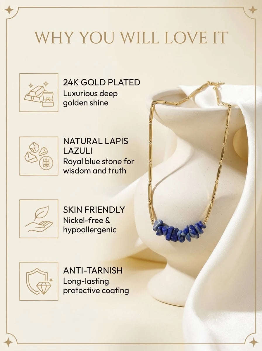 Lapisia Royal Chain features: 24k gold plated, natural lapis lazuli, skin friendly, anti-tarnish