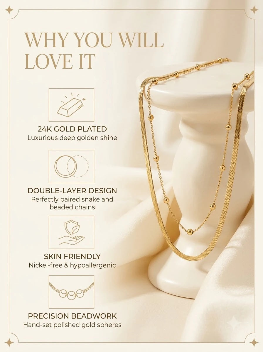 Syrenne Dual Chain features: 24k gold plated, double-layer design, skin friendly, precision beadwork