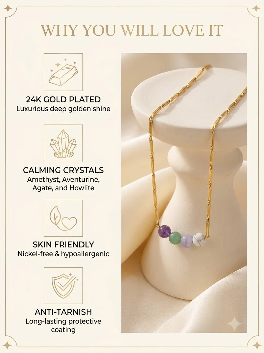 Celeste Pastel Chain features: 24k gold plated, calming crystals, skin friendly, anti-tarnish