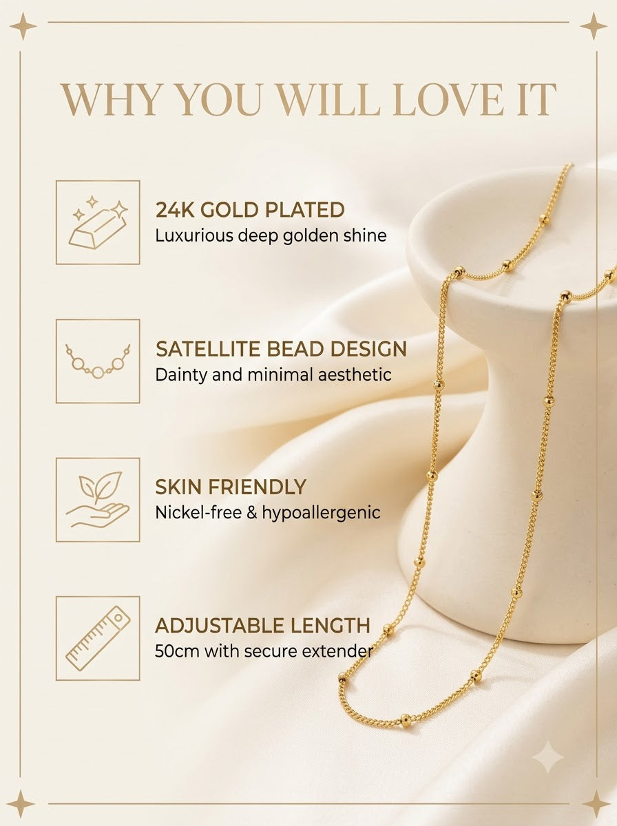Stellaris Beaded Chain features: 24k gold plated, satellite bead design, skin friendly, adjustable length