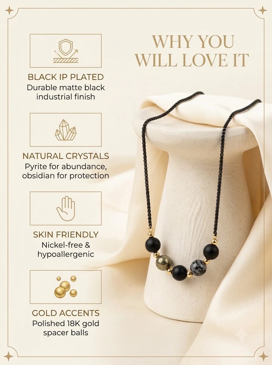 Umbra Crystal Chain features: black IP plated, natural crystals, gold accents, skin friendly