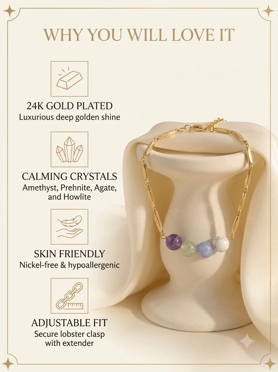 Serenella Pastel Bracelet features: 24k gold plated, calming crystals, skin friendly, adjustable fit