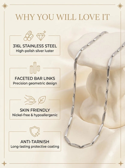 Vivare Silver Chain features: 316L stainless steel, faceted bar links, skin friendly, anti-tarnish