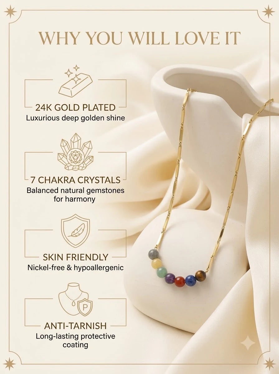 Zenitha Chakra Chain features: 24k gold plated, 7 chakra crystals, skin friendly, anti-tarnish