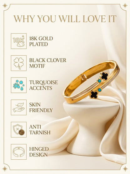 Azurelle Clover Bangle features: 18k gold plated, black clover motif, turquoise accents, skin friendly