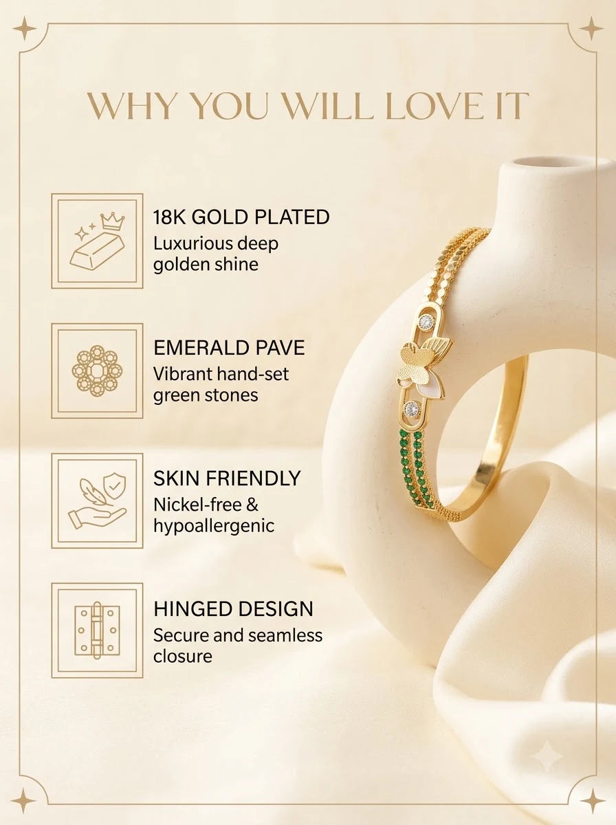 Evanthe Emerald Bangle features: 18k gold plated, emerald pave, skin friendly, hinged design