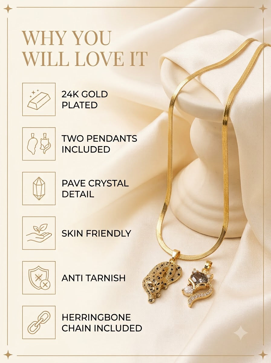 Vulpia and Vyrah Duo Set features: 24k gold plated, two pendants included, pave crystal detail