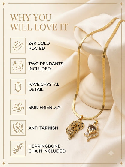 Vulpia and Vyrah Duo Set features: 24k gold plated, two pendants included, pave crystal detail