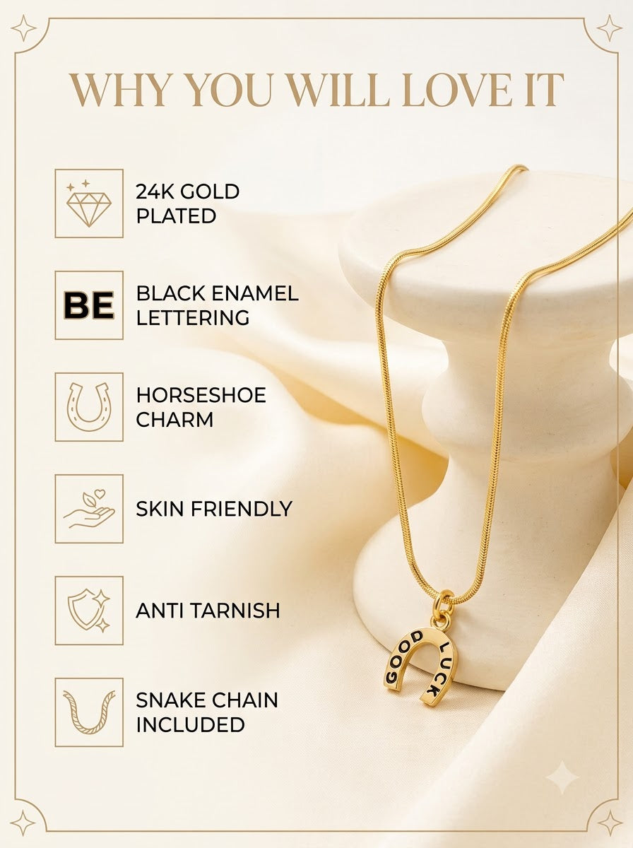Lucera Horseshoe Pendant features: 24k gold plated, black enamel lettering, horseshoe charm