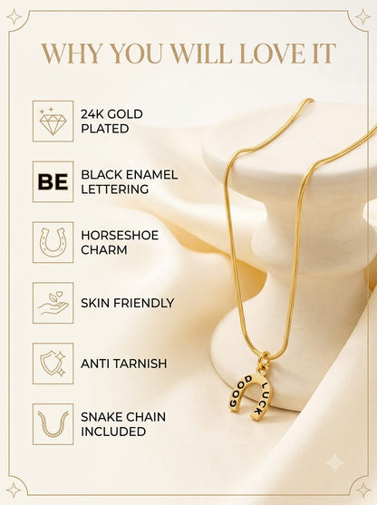 Lucera Horseshoe Pendant features: 24k gold plated, black enamel lettering, horseshoe charm