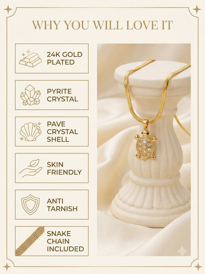 Orvala Tortoise Pendant features: 24k gold plated, pyrite crystal, pave shell, skin friendly