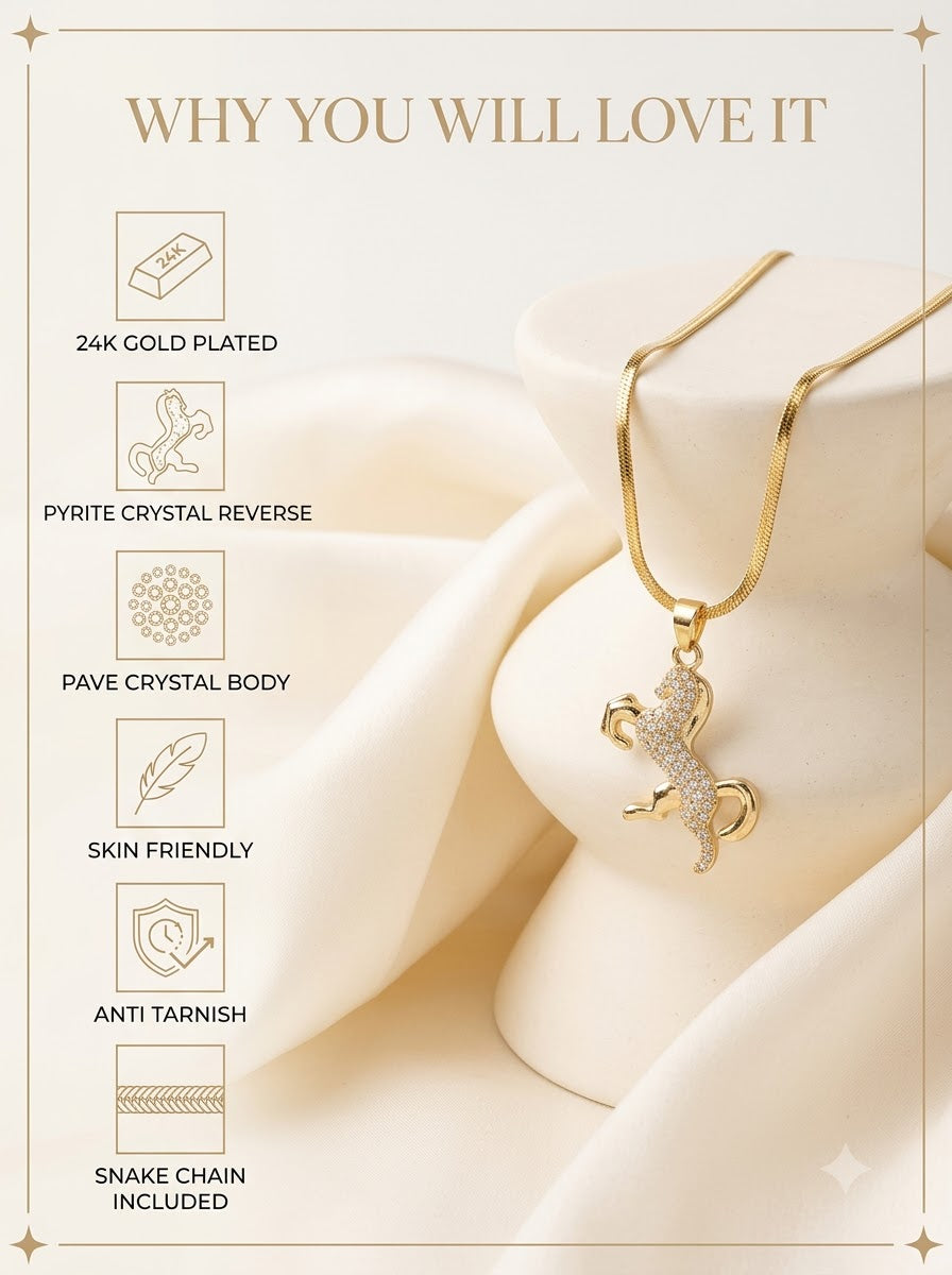 Equara Stallion Pendant features: 24k gold plated, pyrite reverse, pave crystal body, skin friendly