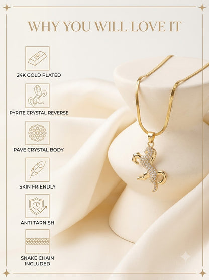 Equara Stallion Pendant features: 24k gold plated, pyrite reverse, pave crystal body, skin friendly
