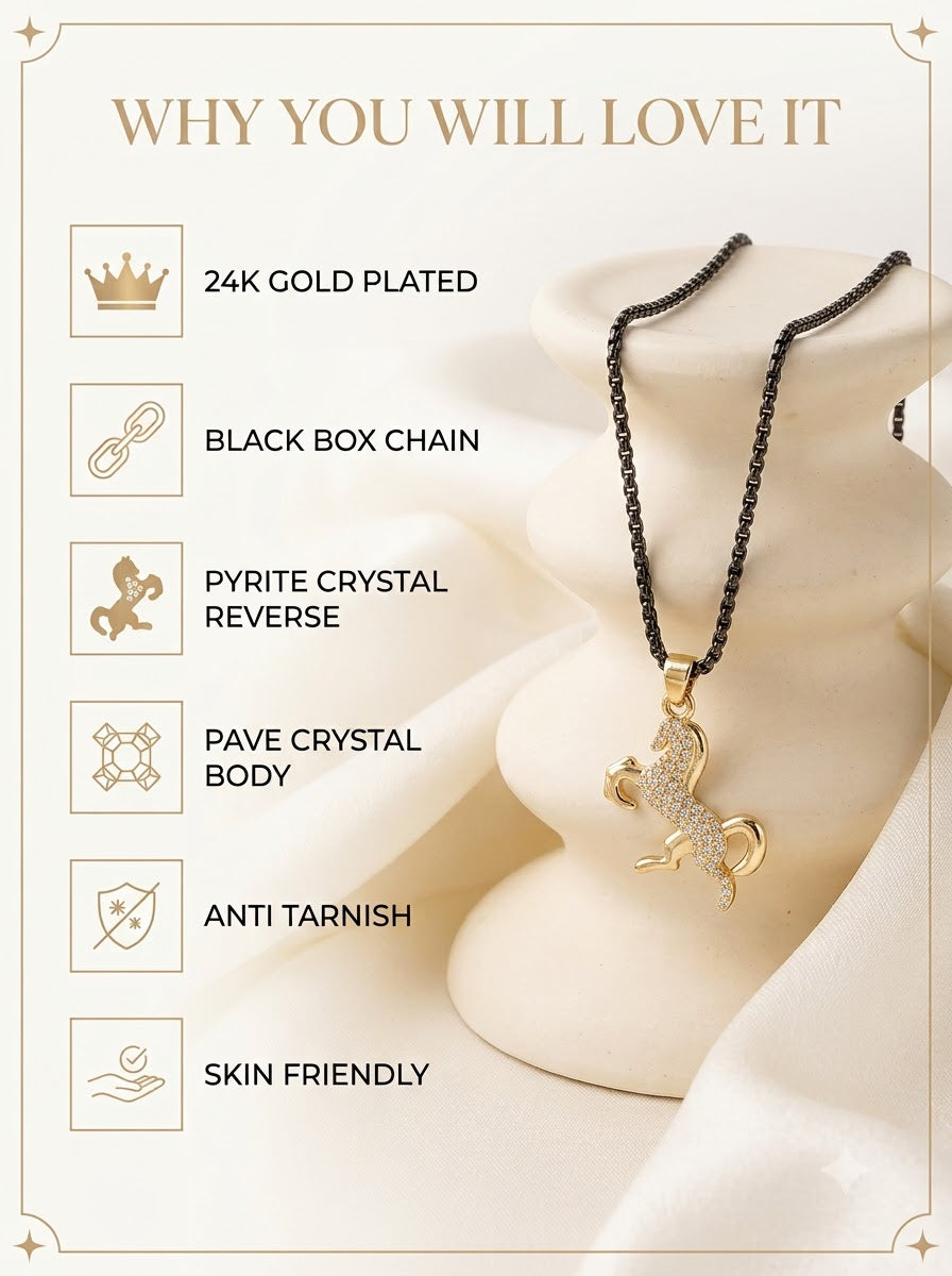 Noire Stallion Pendant features: 24k gold plated, black box chain, pyrite reverse, pave crystal body
