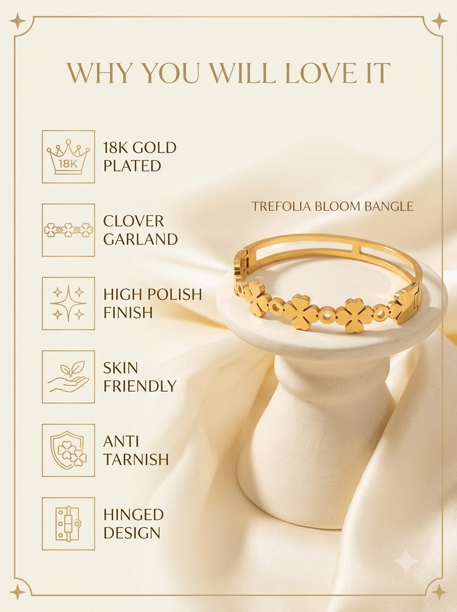 Trefolia Bloom Bangle features: 18k gold plated, clover garland, high polish, skin friendly