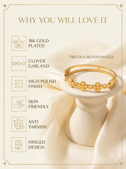 Trefolia Bloom Bangle features: 18k gold plated, clover garland, high polish, skin friendly