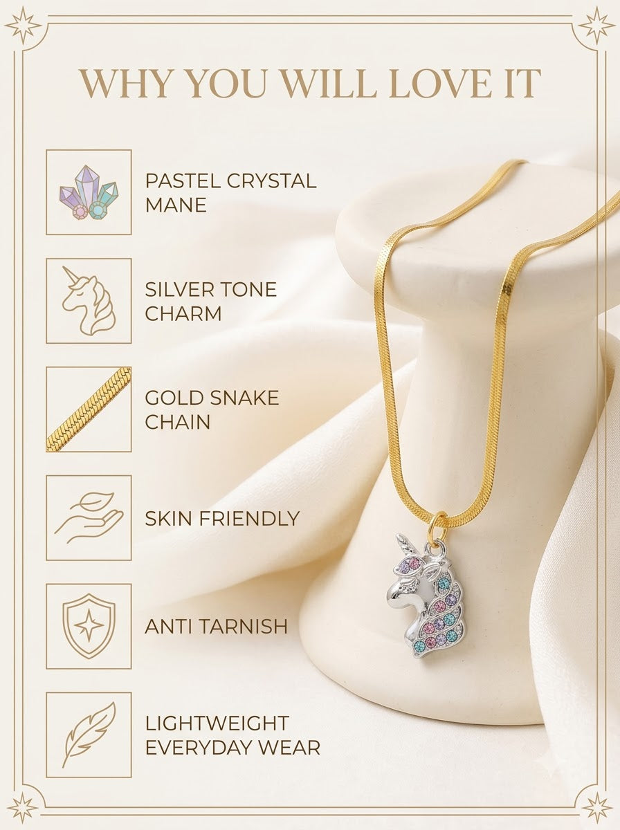 Luniva Unicorn Pendant features: pastel crystal mane, silver tone charm, gold snake chain