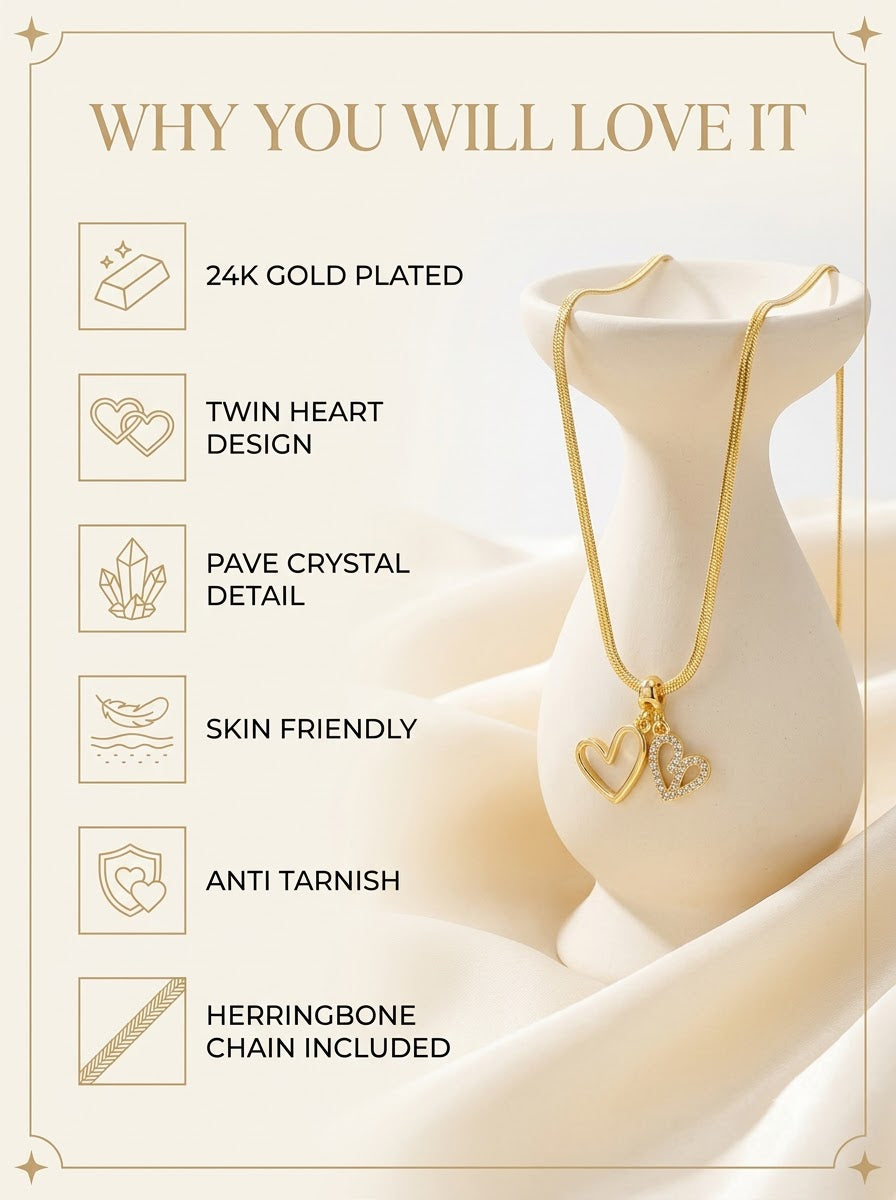 Amoris Twin Heart Pendant features: 24k gold plated, twin heart design, pave crystal detail