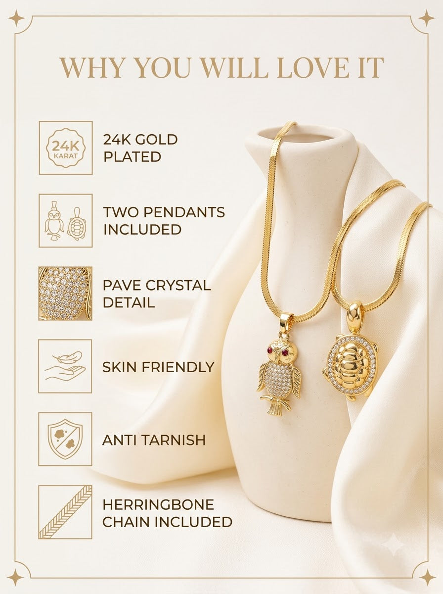 Kavelle and Athenis Duo Set features: 24k gold plated, two pendants included, pave crystal detail