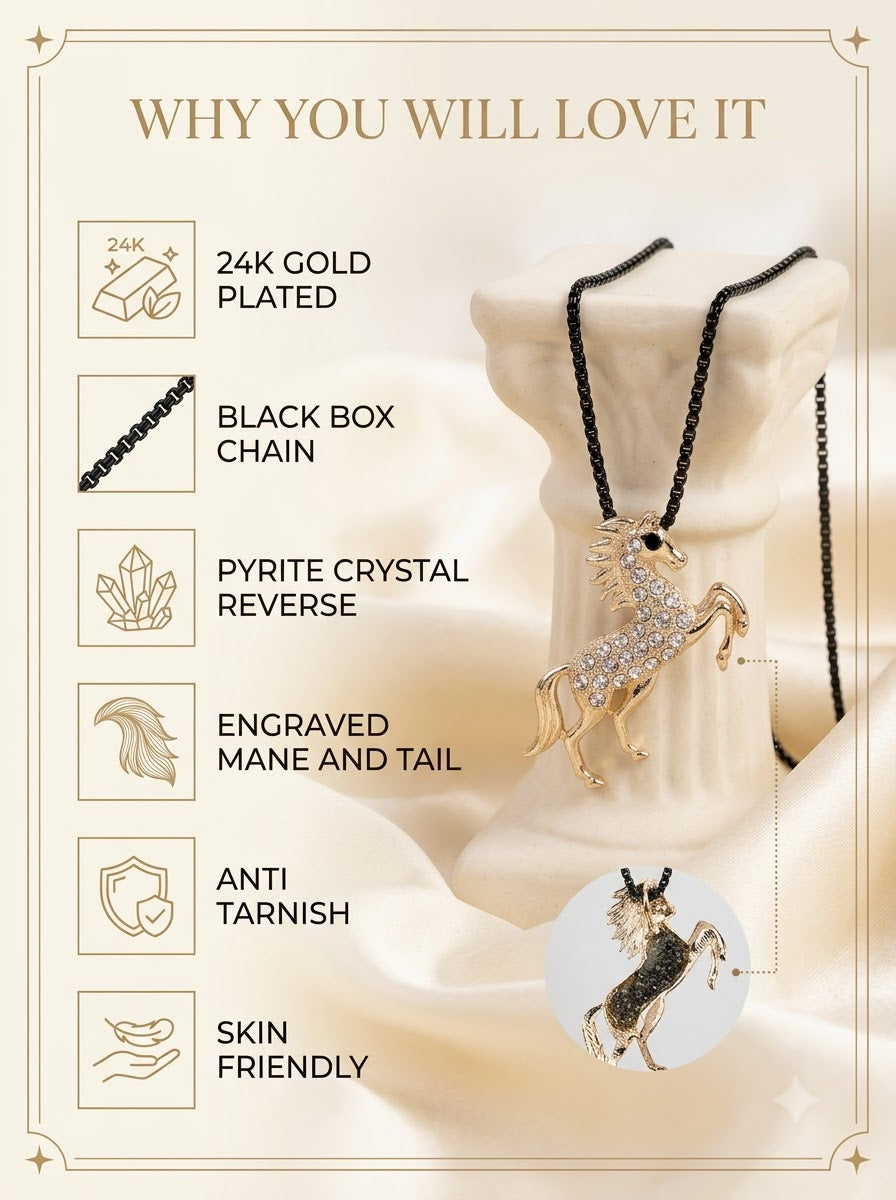 Aurion Stallion Pendant features: 24k gold plated, black box chain, pyrite reverse, engraved mane