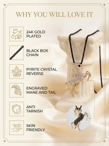 Aurion Stallion Pendant features: 24k gold plated, black box chain, pyrite reverse, engraved mane