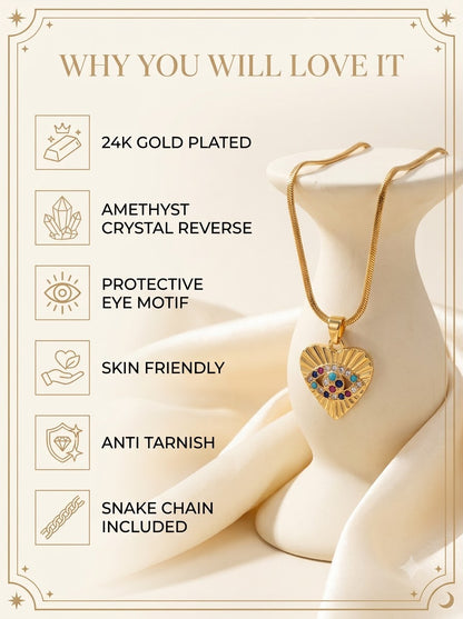 Amethia Eye Pendant features: 24k gold plated, amethyst reverse, protective eye motif