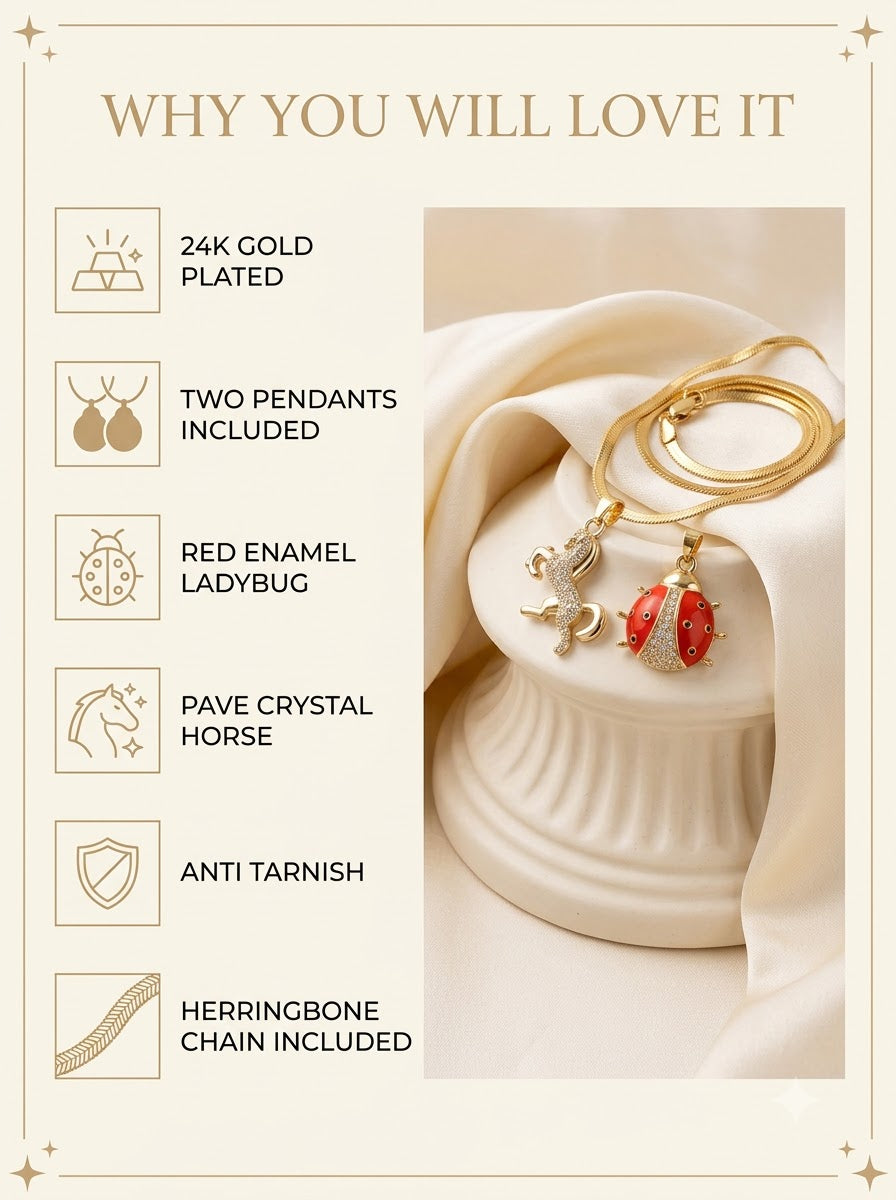 Equara and Luminara Duo Set features: 24k gold plated, two pendants included, red enamel ladybug