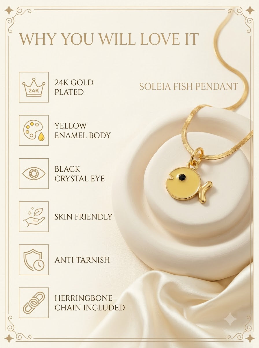 Soleia Fish Pendant features: 24k gold plated, yellow enamel body, black crystal eye