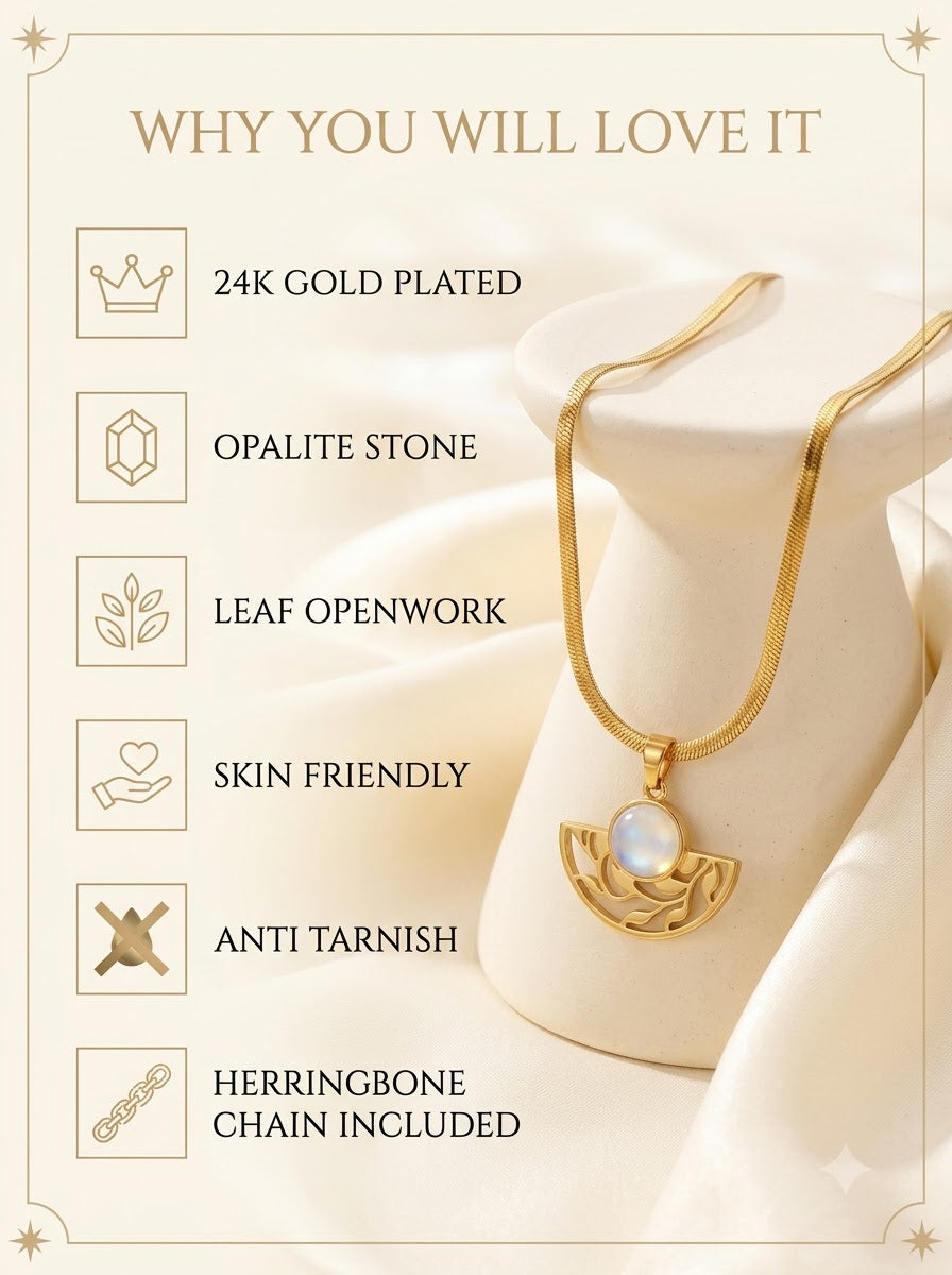 Opalia Fan Pendant features: 24k gold plated, opalite stone, leaf openwork, skin friendly
