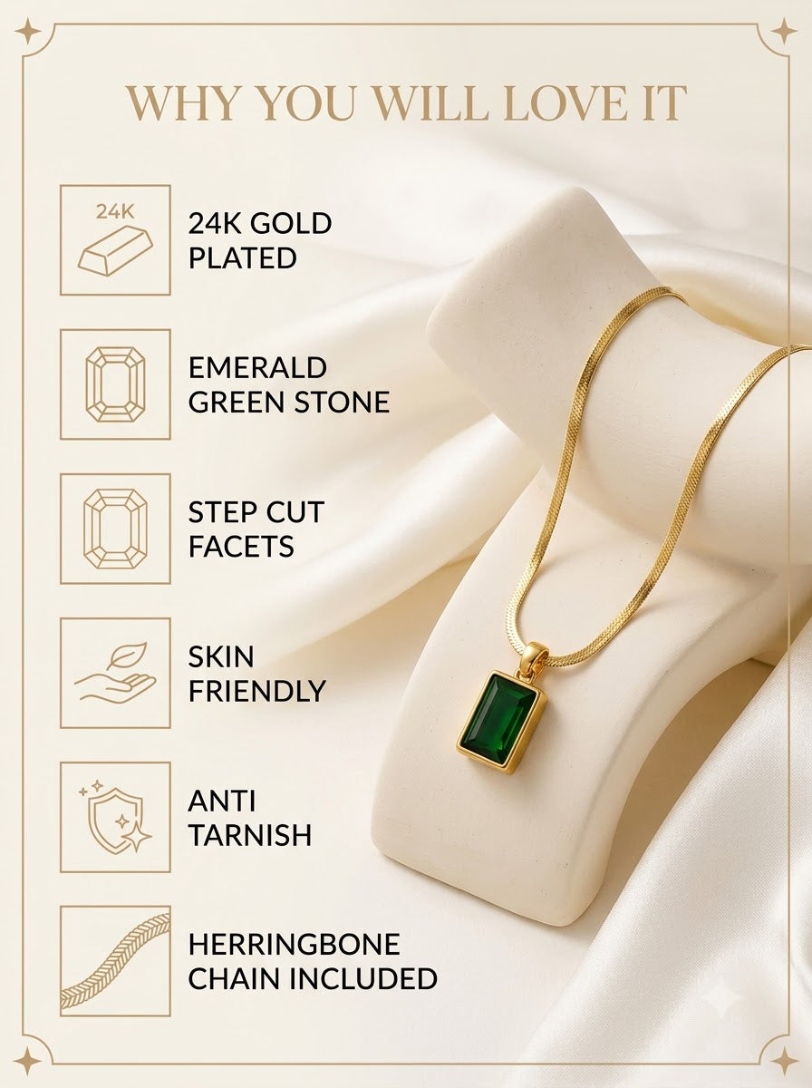 Verdelle Emerald Pendant features: 24k gold plated, emerald green stone, step cut facets
