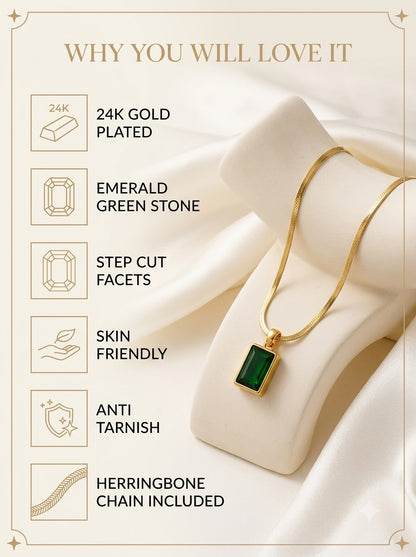 Verdelle Emerald Pendant features: 24k gold plated, emerald green stone, step cut facets