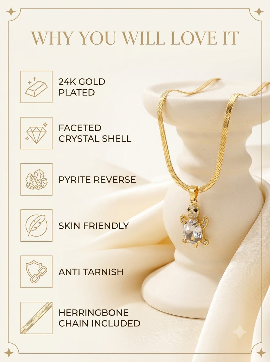 Nacris Turtle Pendant features: 24k gold plated, faceted crystal shell, pyrite reverse, skin friendly