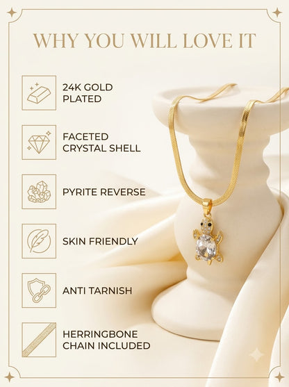 Nacris Turtle Pendant features: 24k gold plated, faceted crystal shell, pyrite reverse, skin friendly