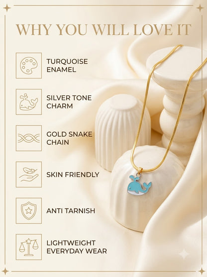 Celimar Whale Pendant features: turquoise enamel, silver tone charm, gold snake chain