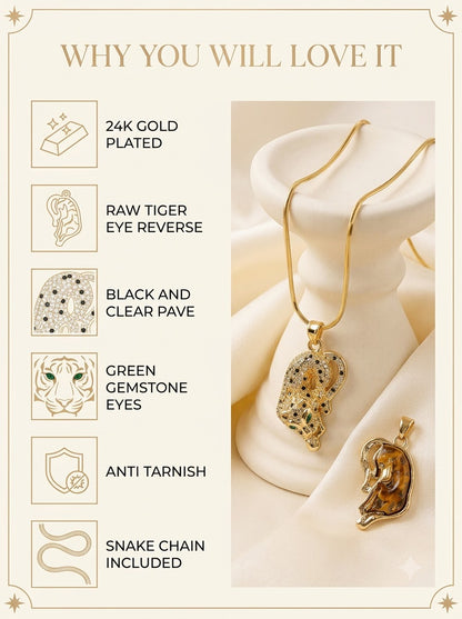 Vyrah Tiger Pendant features: 24k gold plated, raw tiger eye reverse, black and clear pave