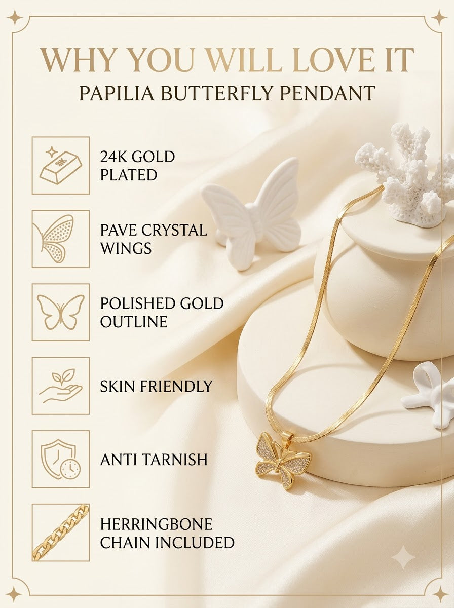 Papilia Butterfly Pendant features: 24k gold plated, pave crystal wings, polished gold outline