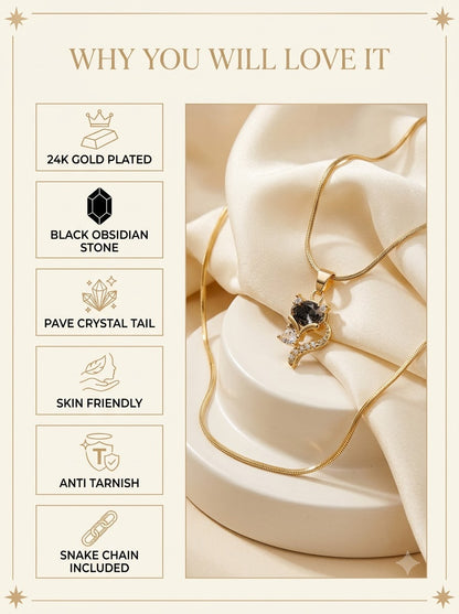 Vulpia Fox Pendant features: 24k gold plated, black obsidian, pave crystal tail, skin friendly