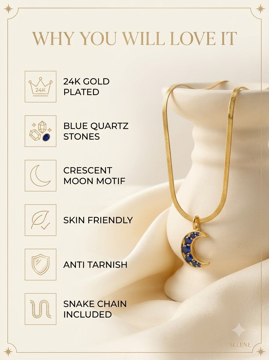 Selene Crescent Pendant features: 24k gold plated, blue quartz stones, skin friendly, anti tarnish