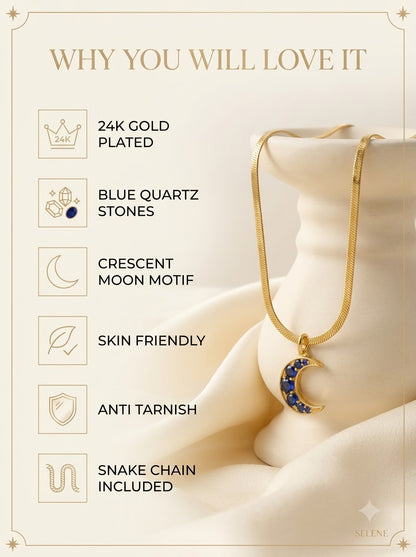 Selene Crescent Pendant features: 24k gold plated, blue quartz stones, skin friendly, anti tarnish