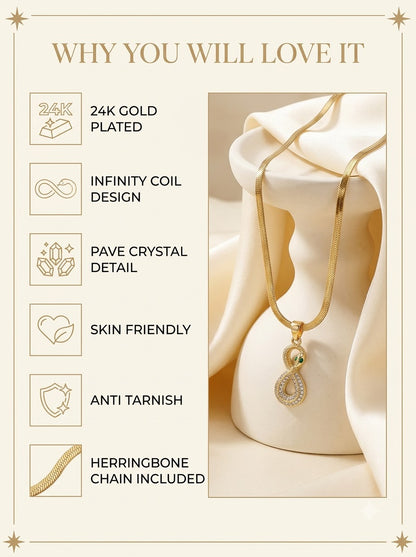Ourovia Serpent Pendant features: 24k gold plated, infinity coil, pave crystal detail, skin friendly